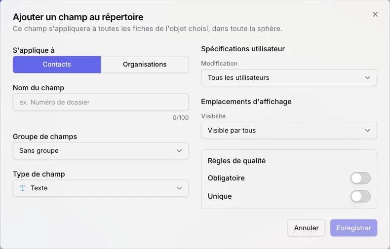 La fenêtre Ajouter un champ au répertoire à l'ouverture : S'applique à, Nom du champ, Groupe de champs, Type de champ, Spécifications utilisateur et Règles de qualité.