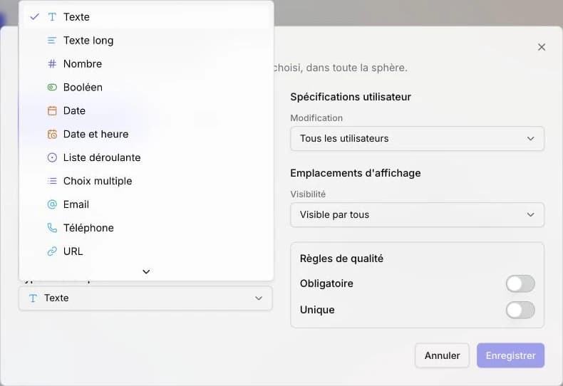 La liste Type de champ déroulée, avec une icône par type.