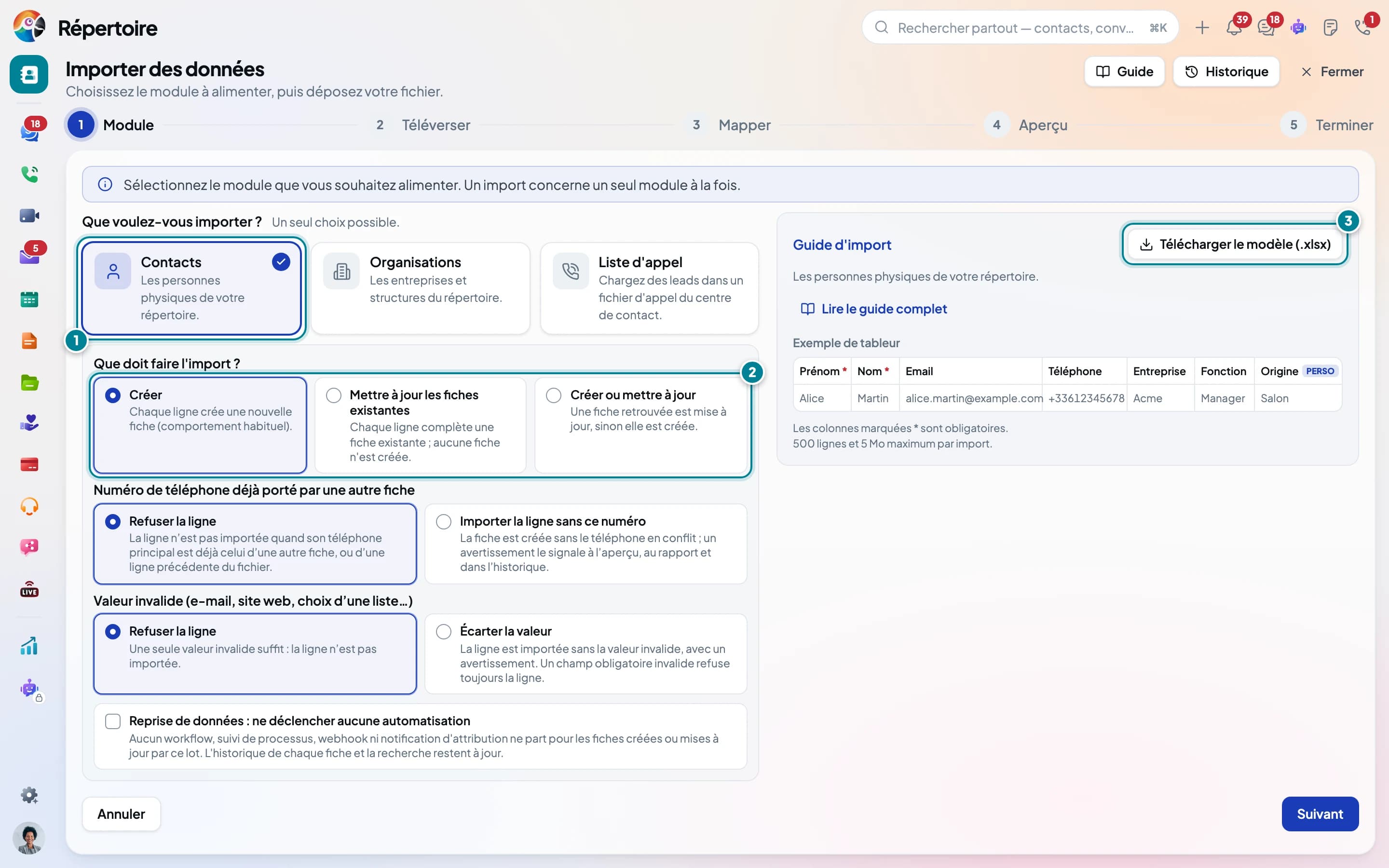 L'étape Module de l'assistant, annotée : les cartes Contacts, Organisations et Liste d'appel, le choix du mode (Créer, Mettre à jour les fiches existantes, Créer ou mettre à jour), et le panneau Guide d'import avec le bouton Télécharger le modèle.