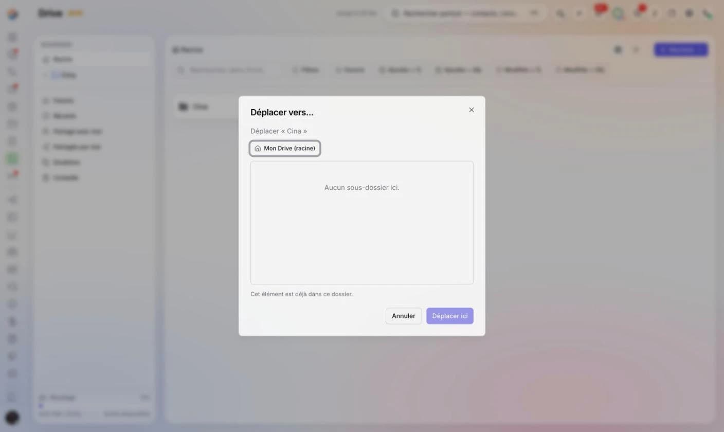 La fenêtre Déplacer vers… avec la liste des dossiers et le bouton Déplacer ici.