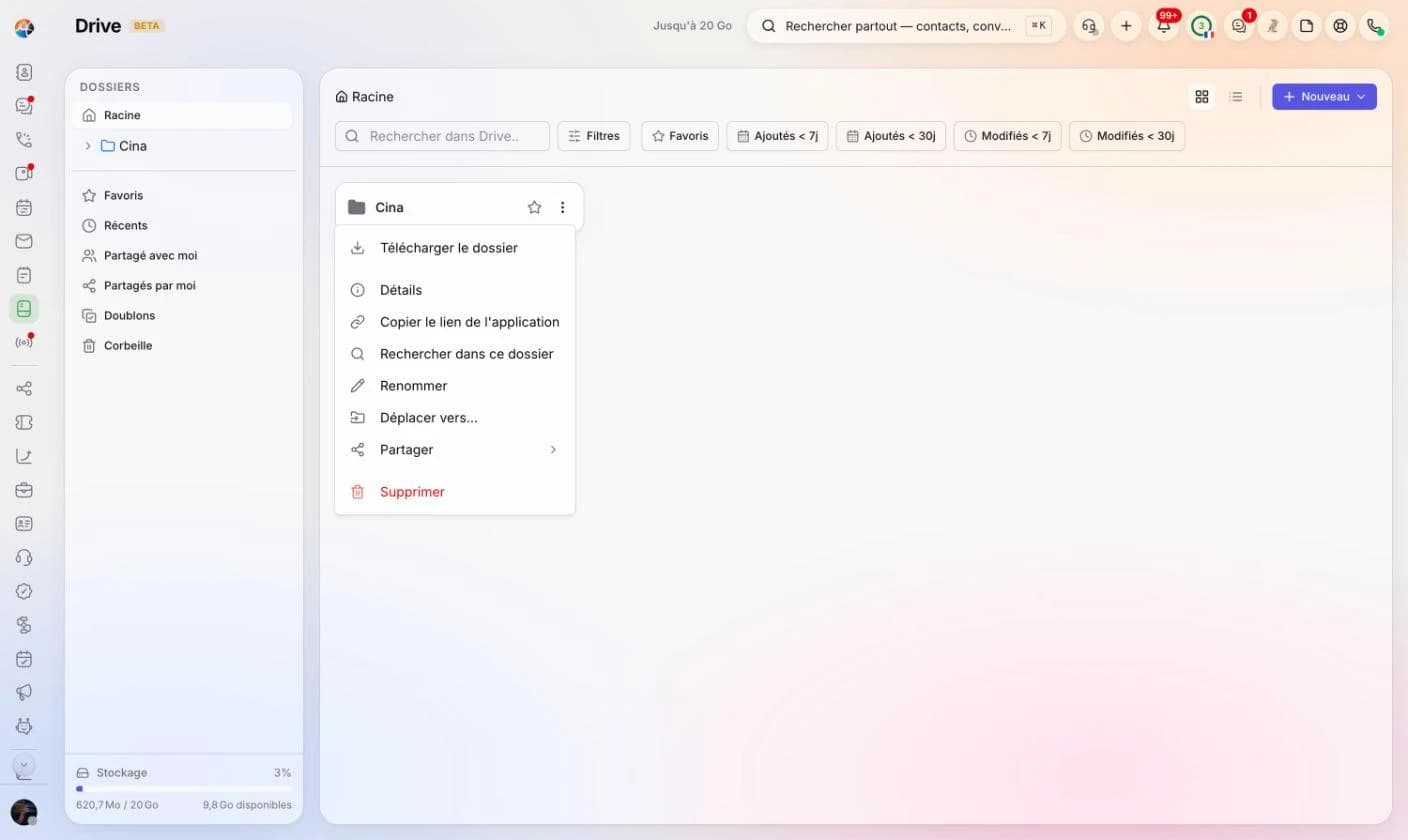 Le menu d'un dossier avec l'entrée Télécharger le dossier.
