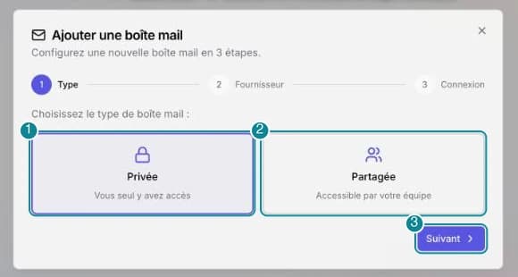 L'assistant Ajouter une boîte mail à l'étape Type : les cartes Privée et Partagée.
