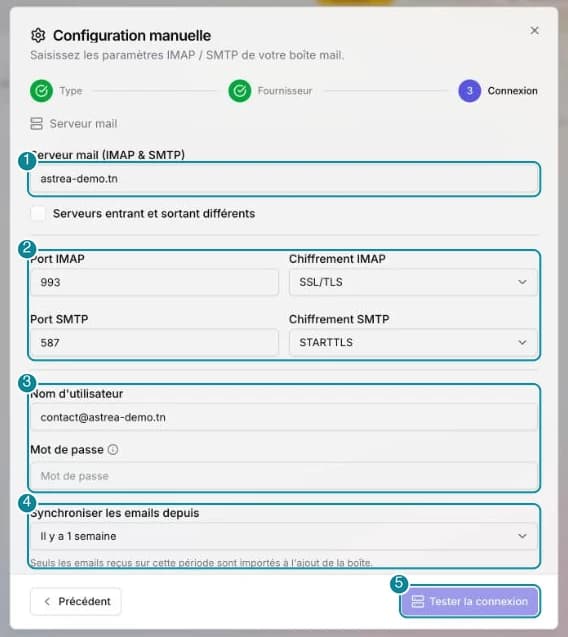 L'étape Connexion en saisie manuelle : serveur, ports, nom d'utilisateur, mot de passe et période de synchronisation.
