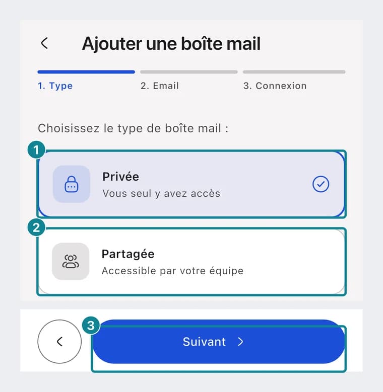 L'étape Type sur le téléphone : les cartes Privée et Partagée, puis le bouton Suivant.