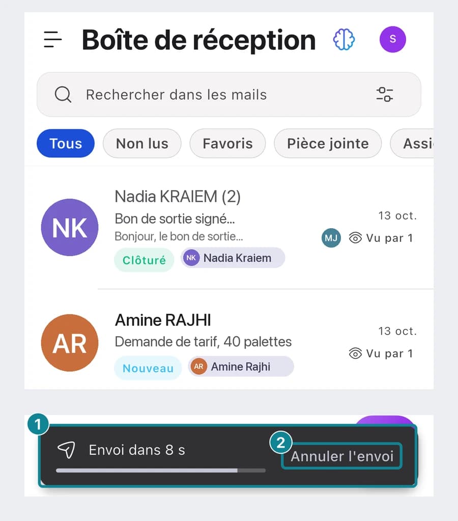 Le bandeau Envoi dans N s avec la barre qui se vide et le bouton Annuler l'envoi.