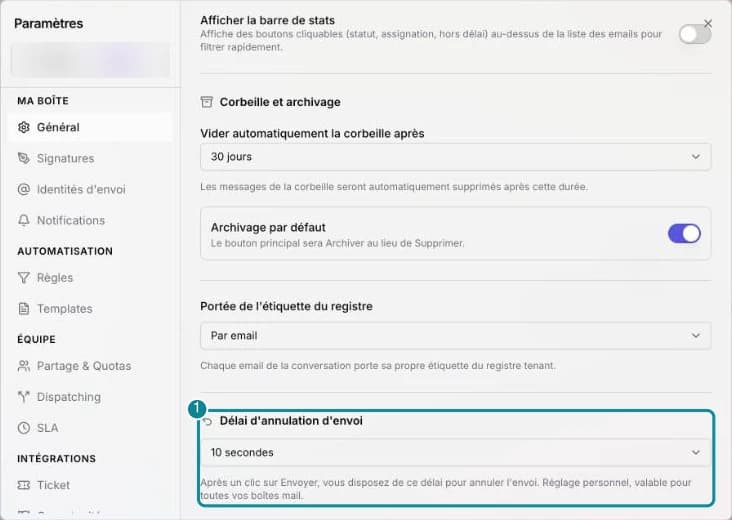 Le réglage Délai d'annulation d'envoi dans Paramètres › Ma boîte › Général.