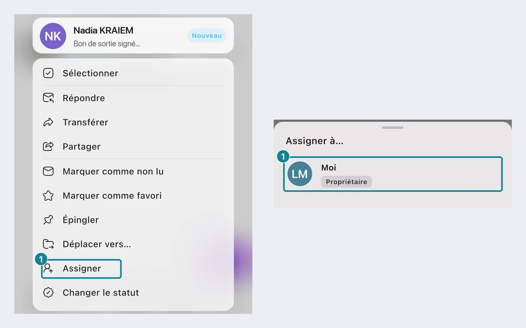 Sur le téléphone : le menu d'appui long avec Assigner, puis la feuille Assigner à.