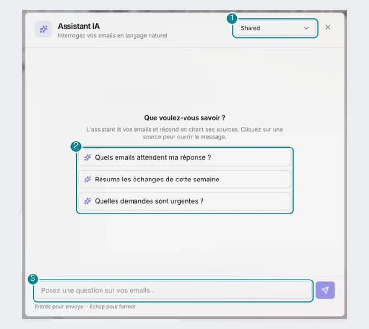 La fenêtre Assistant IA : le choix de la boîte, trois questions proposées et le champ de saisie.