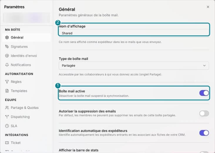 Paramètres › Ma boîte › Général : l'interrupteur Boîte mail active.