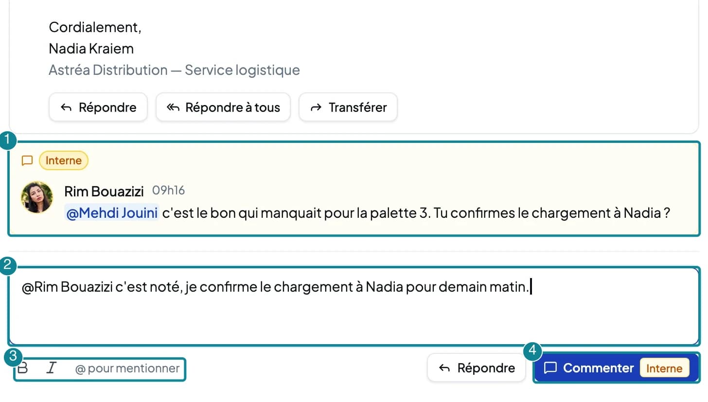 Le champ Ajouter un commentaire interne avec les boutons gras, italique, @ et Commenter.