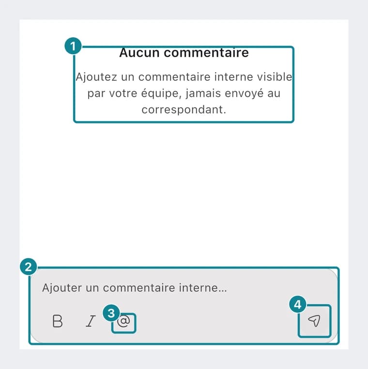 L'écran Commentaires du téléphone : message d'état vide, champ de saisie, boutons gras, italique, mention et envoi.