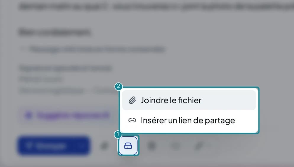Le menu Joindre depuis Drive avec Joindre le fichier et Insérer un lien de partage.