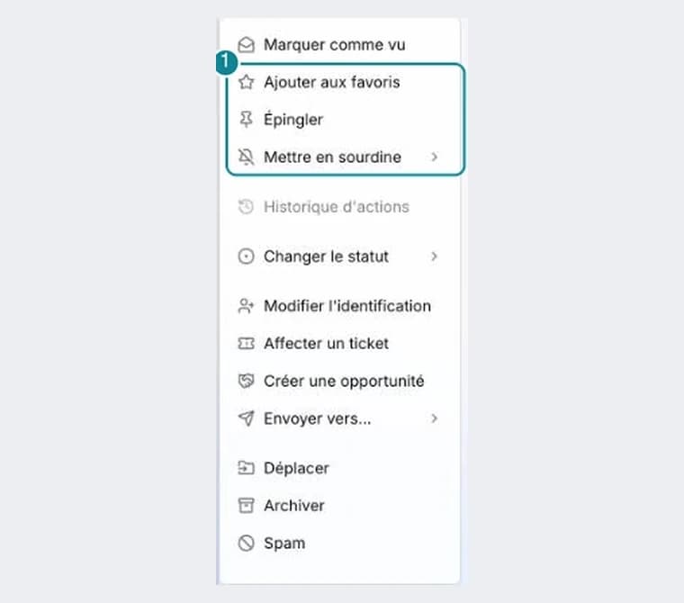 Le menu ⋮ d'une ligne avec Marquer comme vu, Ajouter aux favoris, Épingler et Mettre en sourdine.