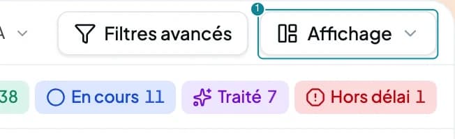 Le bouton Affichage, en haut à droite de la liste, qui propose Vue liste, Vue colonnes et Pleine page.
