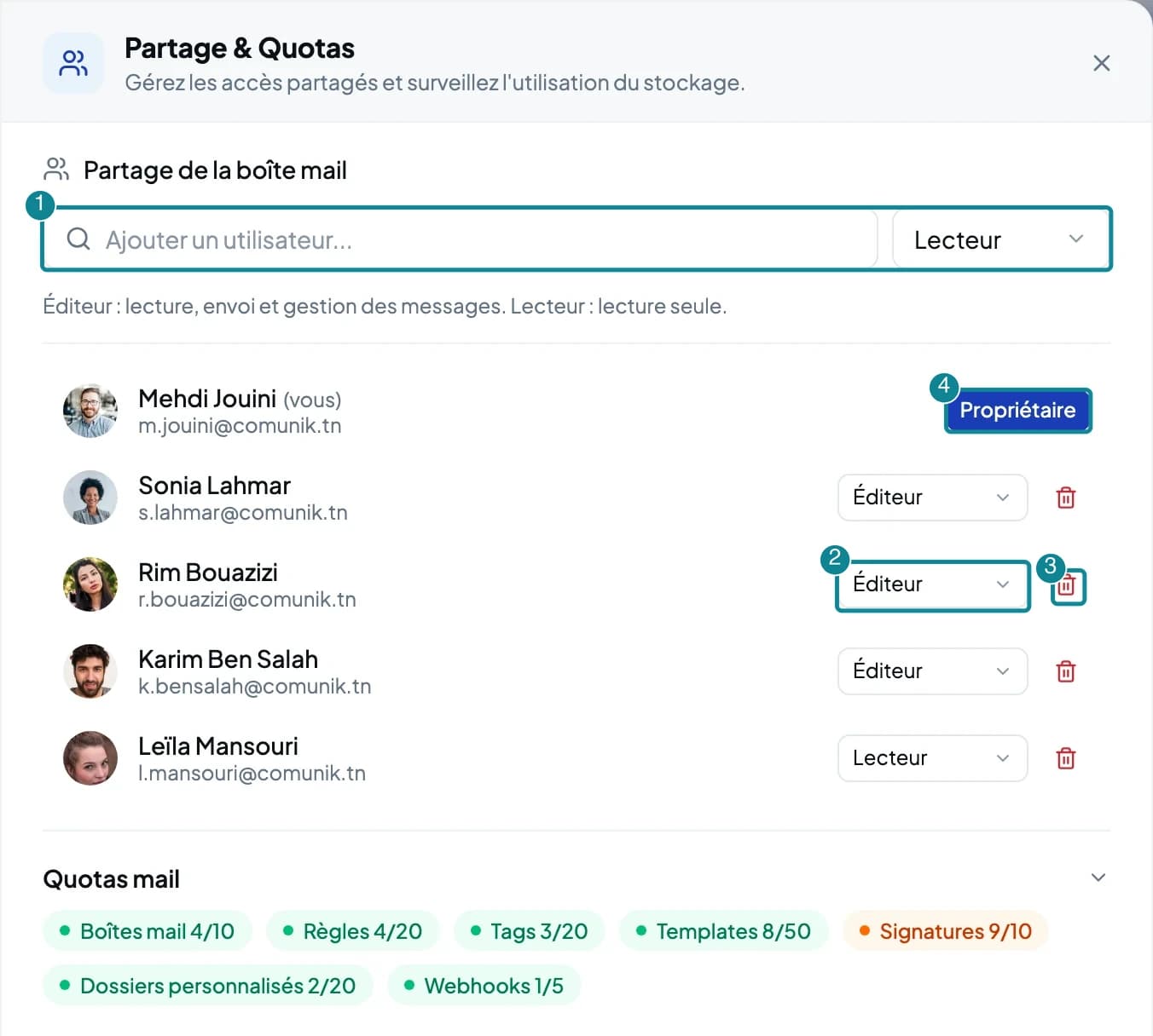L'écran Partage & Quotas avec le champ Ajouter un utilisateur et la liste des membres.