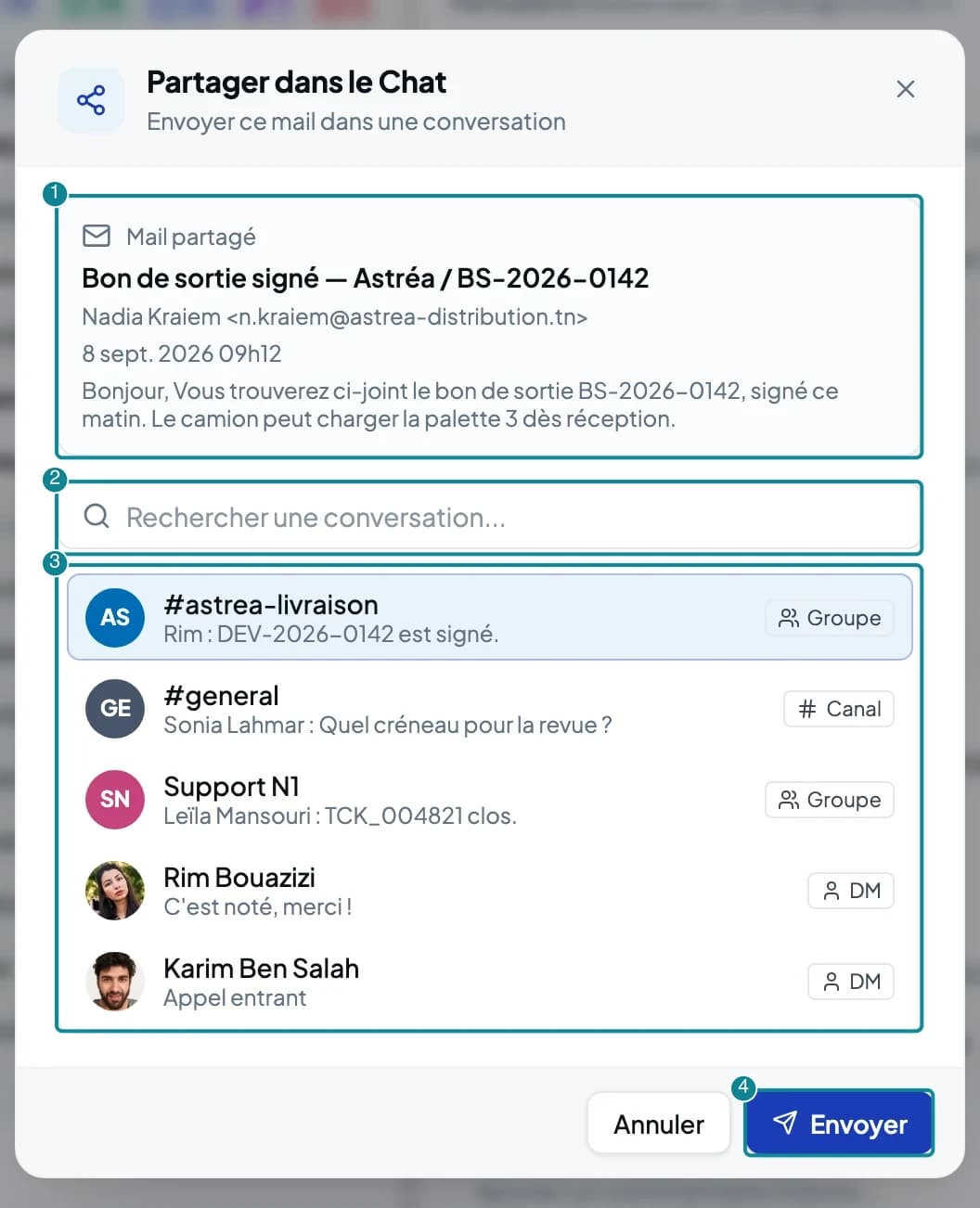 La fenêtre Partager dans le Chat : aperçu Mail partagé, recherche et liste des conversations.