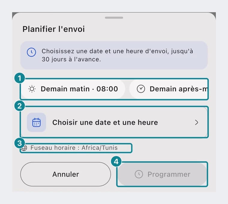 L'écran Planifier l'envoi du téléphone : Demain matin, Choisir une date et une heure, fuseau horaire, bouton Programmer.