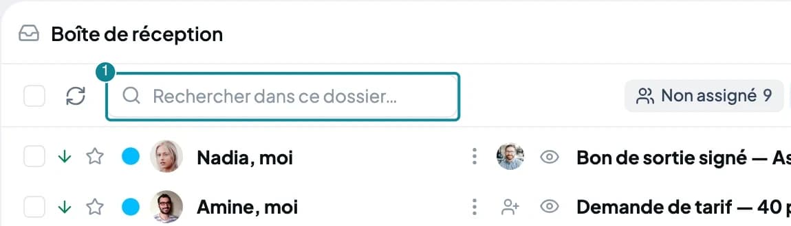 La barre de recherche du Mail avec une saisie et les résultats surlignés.