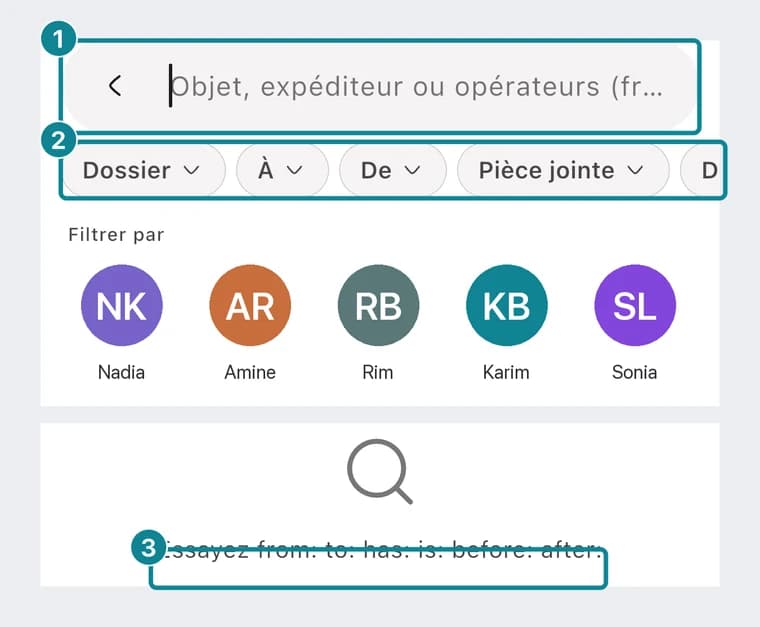 L'écran de recherche du téléphone : le champ, les filtres Dossier, À, De, Pièce jointe, les contacts récents et la phrase d'aide sur les opérateurs.