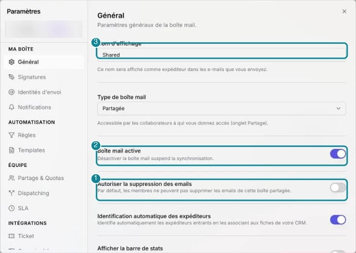 Paramètres › Ma boîte › Général : le type de boîte, la boîte active et l'interrupteur Autoriser la suppression des emails.