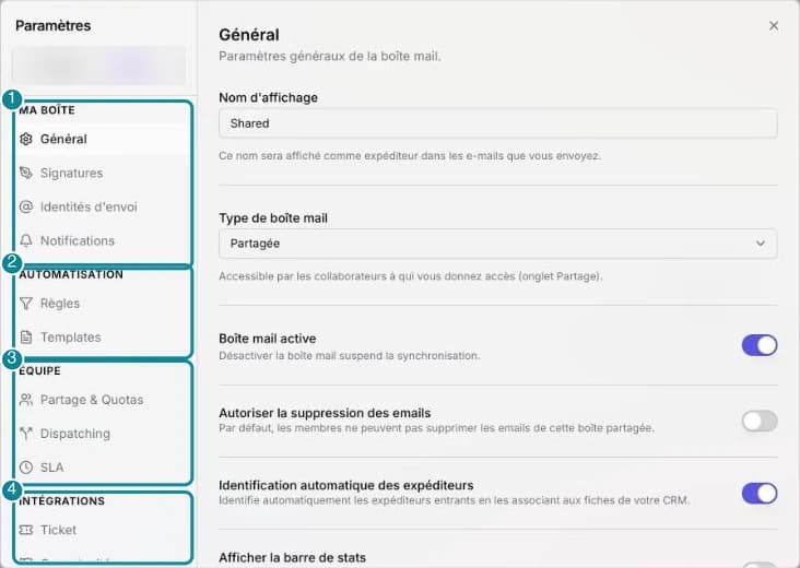 La fenêtre Paramètres : le menu de gauche en sections et le sélecteur de boîte.