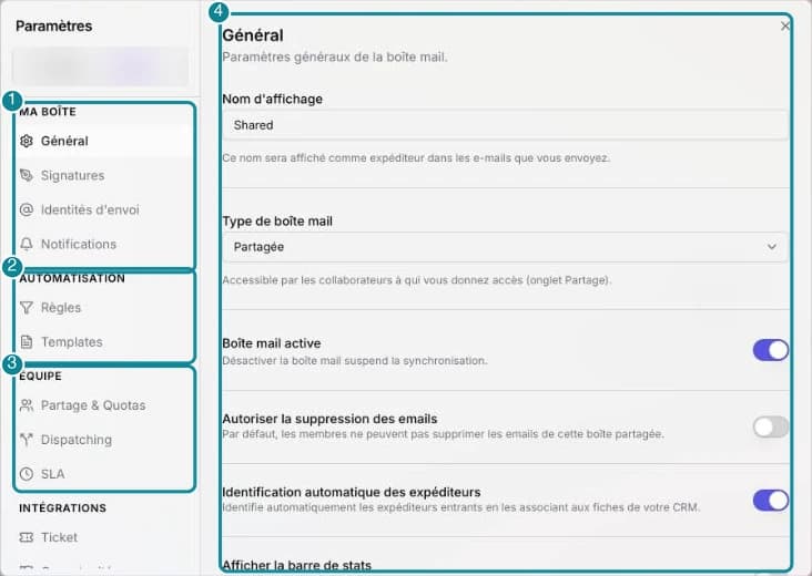 La fenêtre Paramètres sur le web : le menu de gauche en sections (Ma boîte, Automatisation, Équipe, Intégrations) et l'onglet Général ouvert.
