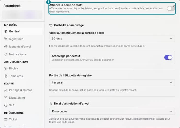 Le réglage Afficher la barre de stats dans l'onglet Général d'une boîte partagée.