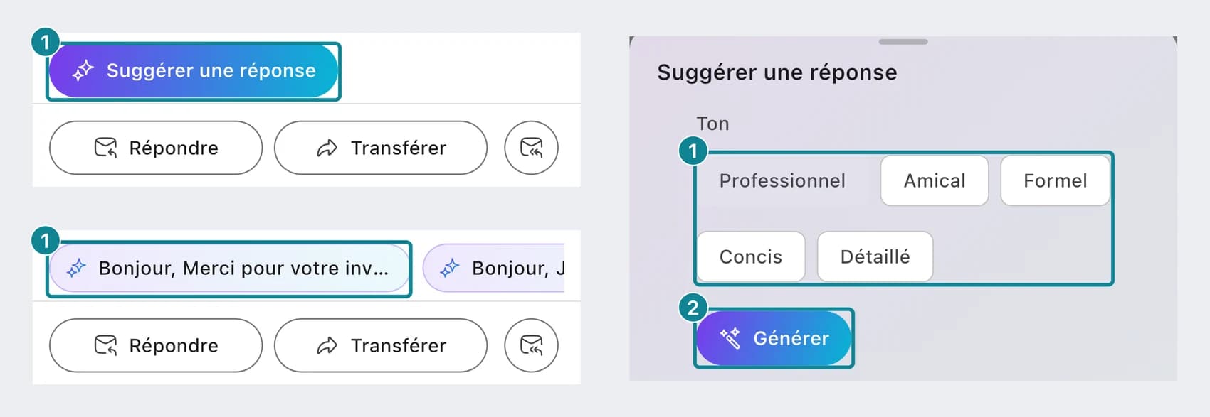 Sur le téléphone : le bouton Suggérer une réponse, les puces de réponses proposées et le choix du ton.