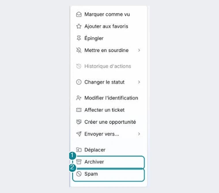 Le menu ⋮ d'une ligne d'une boîte partagée : l'entrée Supprimer manque, Archiver et Spam sont là.