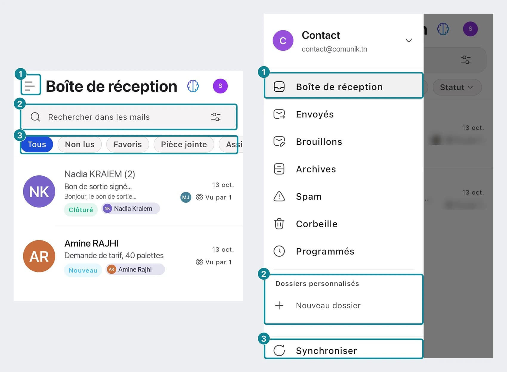 La liste du Mail sur le téléphone : photo du compte, recherche, pastilles de filtre et bouton crayon.
