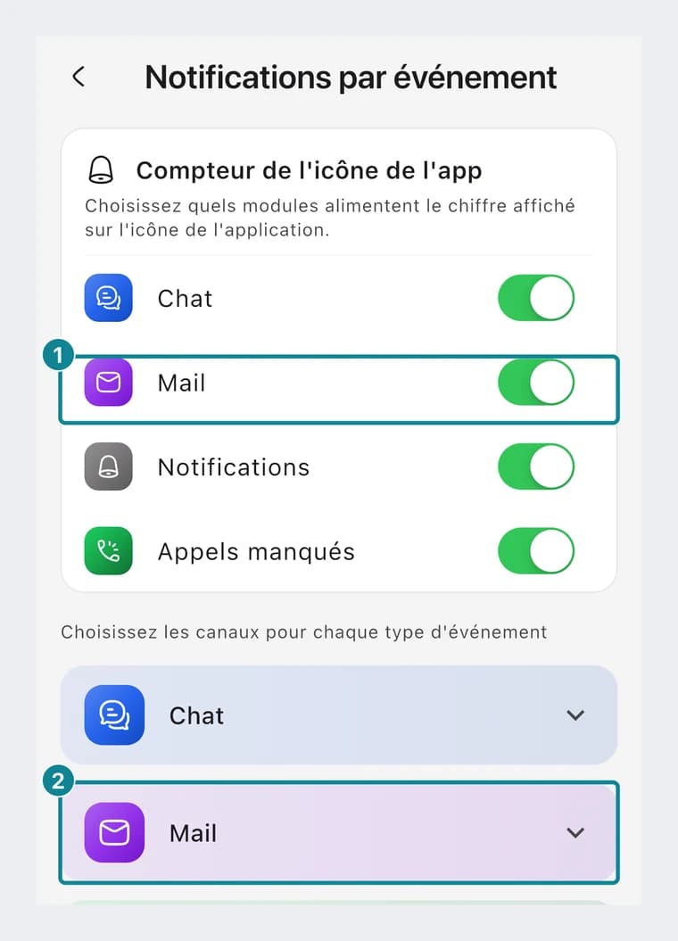 Notifications par événement : le compteur de l'icône de l'application avec l'interrupteur Mail, et la section Mail à déplier.