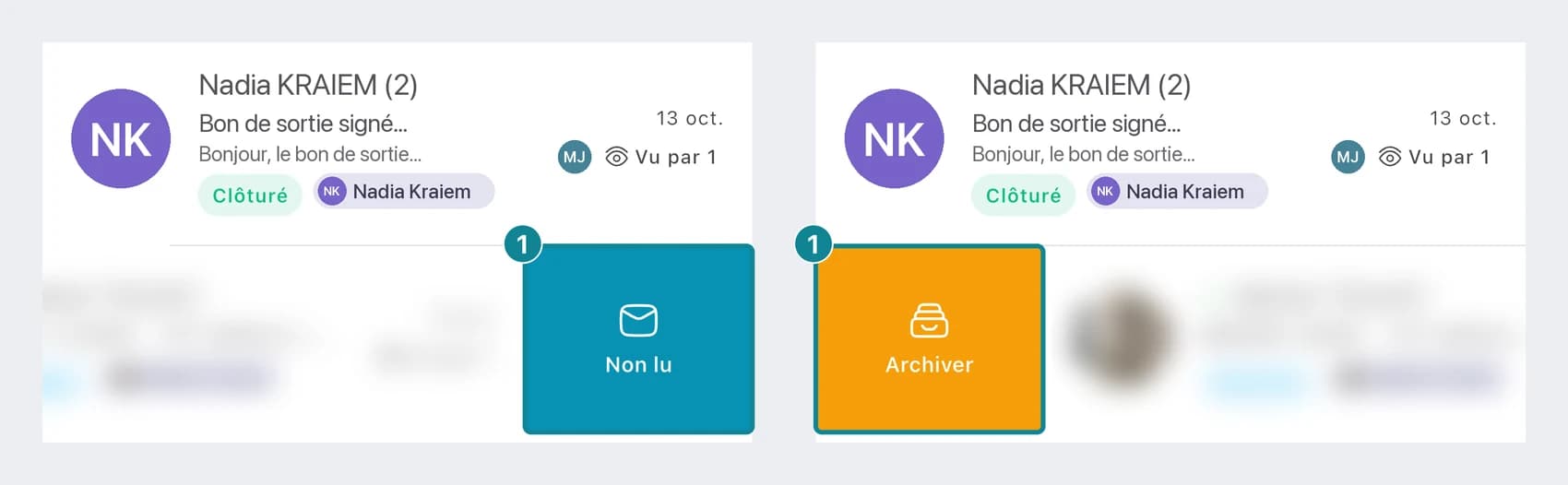 Balayer un fil vers la gauche affiche l'action Non lu, vers la droite l'action Archiver.