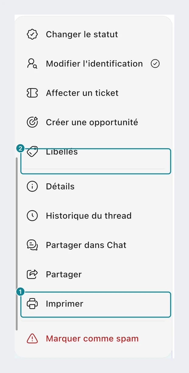 Le menu ⋮ d'un fil sur le téléphone, avec Partager, Imprimer et Marquer comme spam.