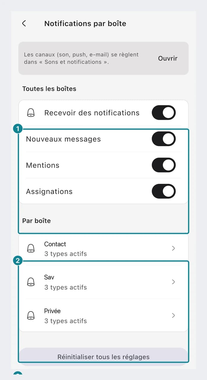 Sur le téléphone : Notifications par boîte, avec les réglages valables pour toutes les boîtes et la liste Par boîte.